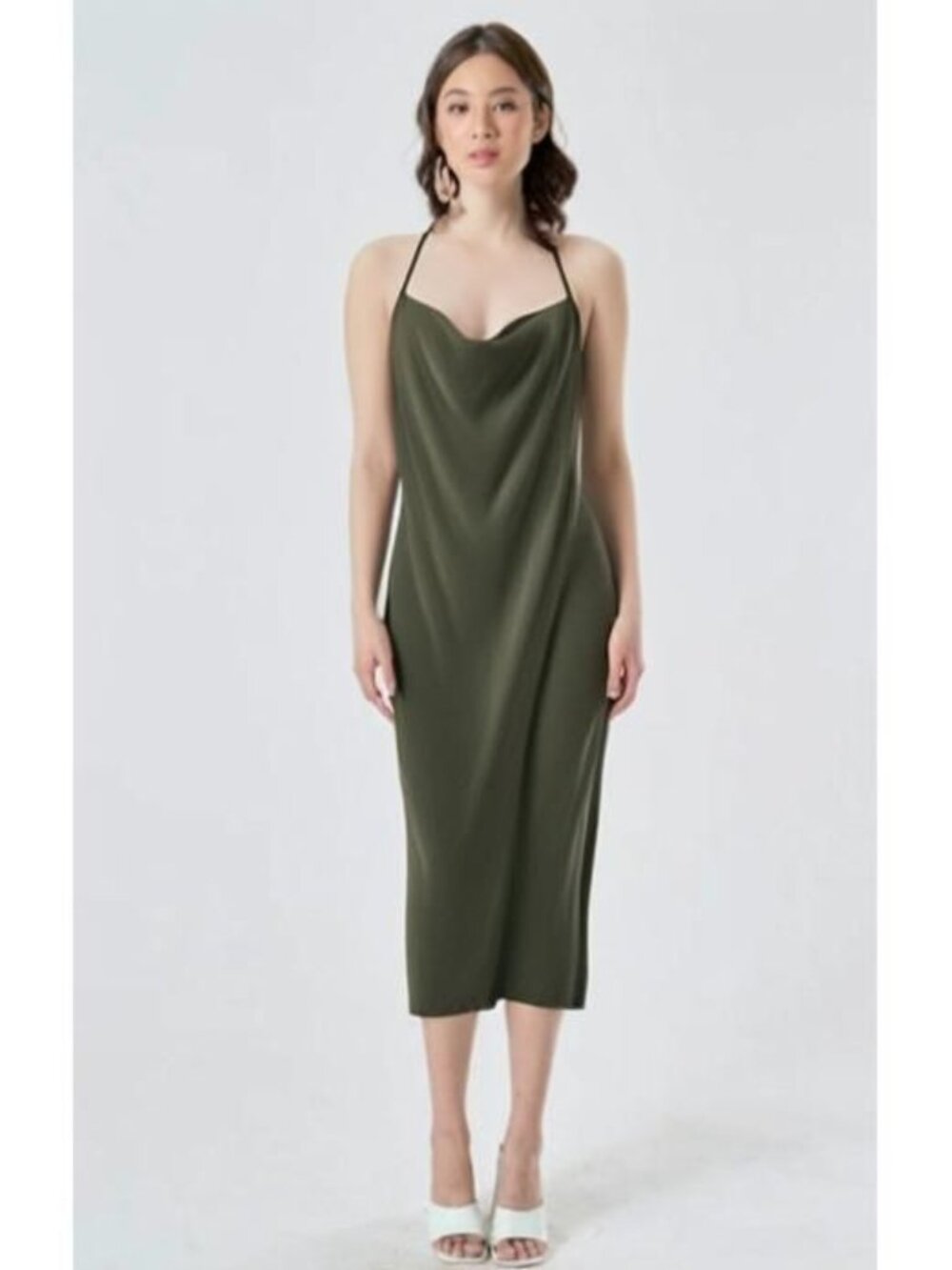 Sincerely Jules Olive Green Draped Neck Spaghetti Strap Slip Dress Size Large - Picture 11 of 11